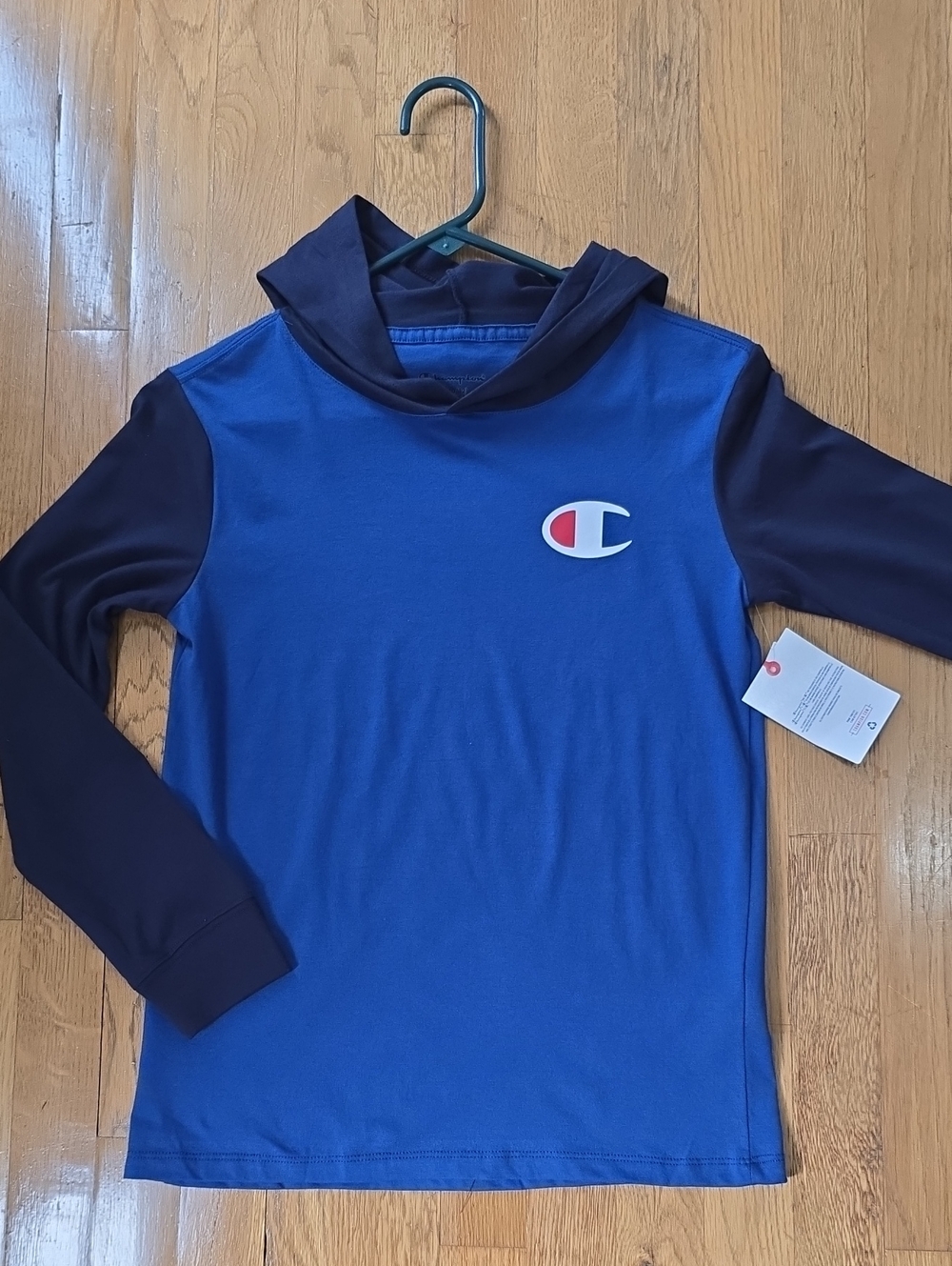 CHAMPION SIGNATURE BOYS BLUE & BLACK LONG SLEEVES HOODED TEE-SHIRT MEDIUM